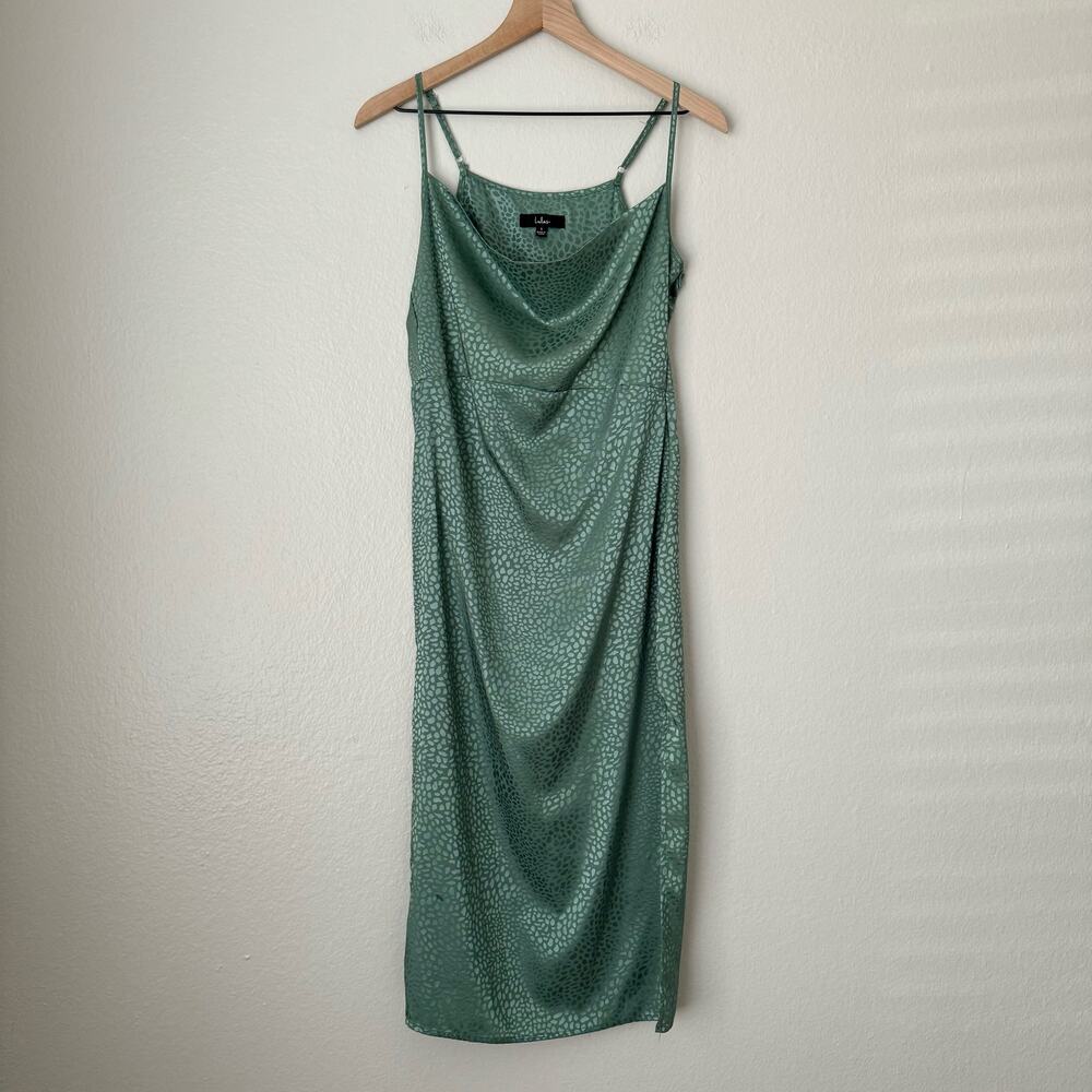 Lulu's Women's Green Midi Dress Cowl Neck Slit Satin Cheetah Print Size Small
